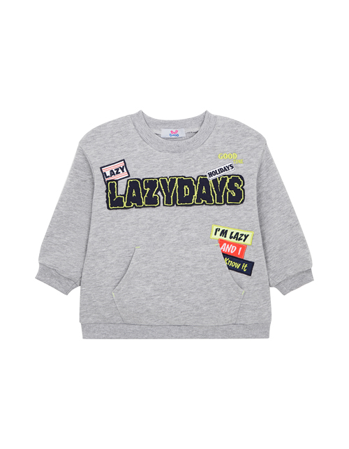 Классный свитшот Классный свитшот для самого стильного мальчика! Модель декорирована модными нашивками, яркими надписями и дополнена удобным накладным карманом-кенгуру.