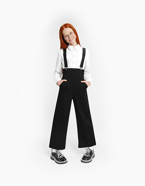 Купить черный школьный полукомбинезон для девочки