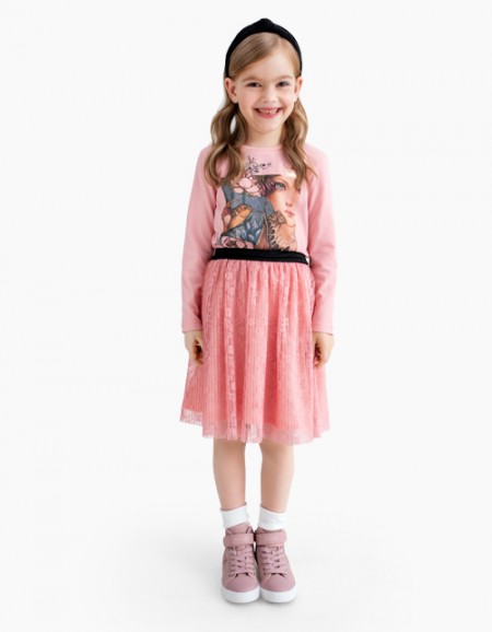 Коралловый лонгслив с принтом для девочки