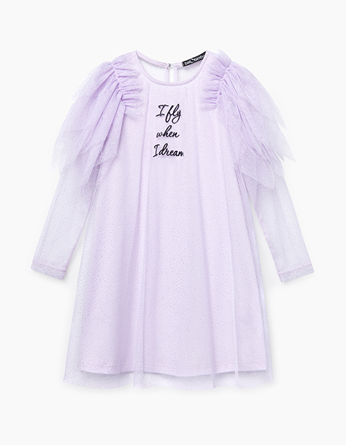 Нарядное светло-сиреневое платье из сетки с блестками