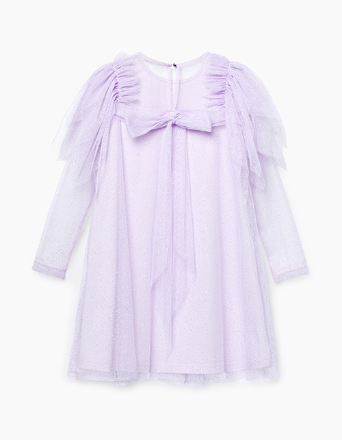 Нарядное светло-сиреневое платье из сетки с блестками