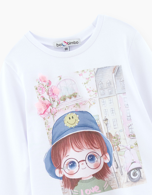 Белый лонгслив с принтом для девочки