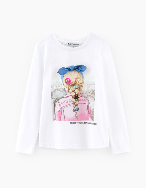 Белый лонгслив с принтом для девочки