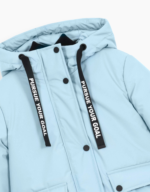 Серо-голубая зимняя куртка с капюшоном для девочки