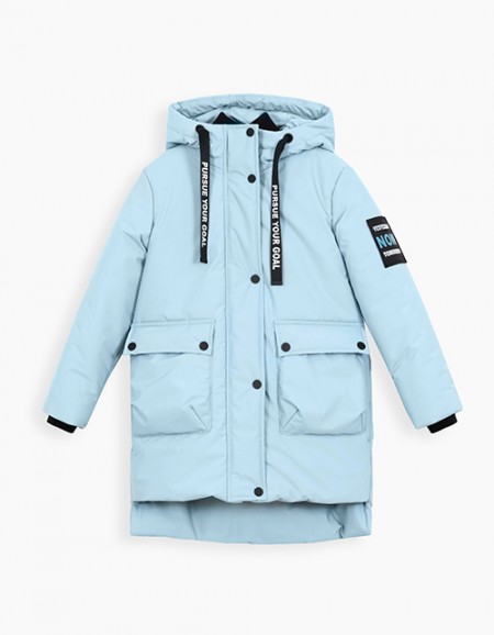 Серо-голубая зимняя куртка с капюшоном для девочки