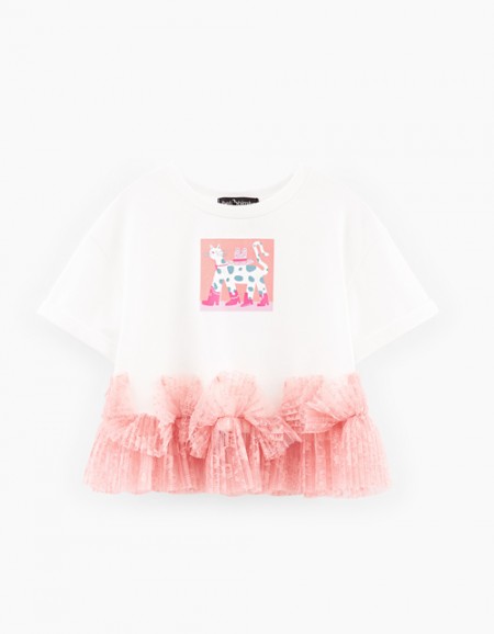 Нарядная футболка оттенка молоко для девочки