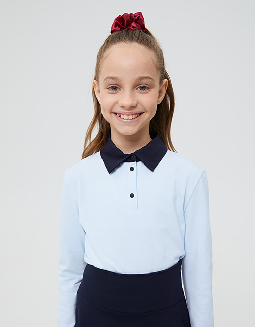 Голубой лонгслив-поло для девочки Голубой лонгслив-поло для девочки