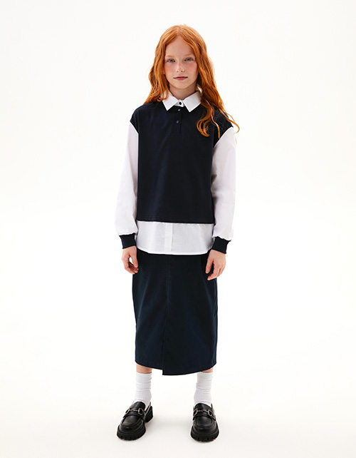 Тёмно-синий джемпер-обманка для девочки