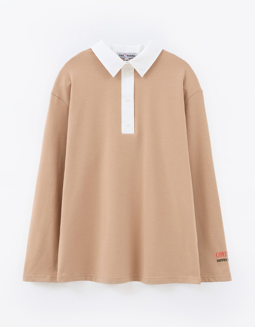 Бежевый лонгслив-поло для девочки Бежевый лонгслив-поло для девочки