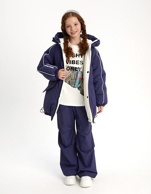 Тёмно-синие утеплённые брюки-парашюты на флисе для девочки