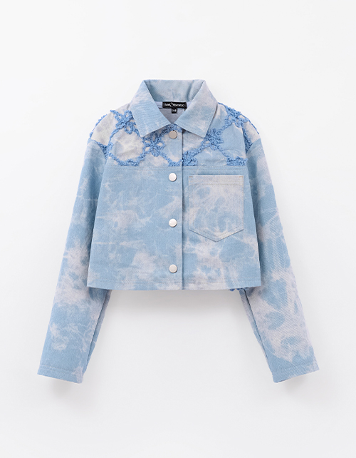 Укороченный жакет из варёного денима с вышивкой для девочки Укороченный жакет из варёного денима с вышивкой для девочки